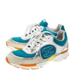 مملوكة مسبقًا Chanel Multicolor Nylon And Leather CC Logo Lace Up Sneakers Size 37.5