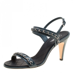 مملوكة مسبقًا Chanel Teal Blue Leather Chain Link Ankle Strap Sandals Size 38