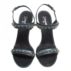 مملوكة مسبقًا Chanel Teal Blue Leather Chain Link Ankle Strap Sandals Size 38