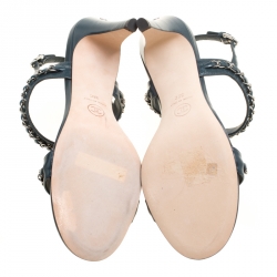 مملوكة مسبقًا Chanel Teal Blue Leather Chain Link Ankle Strap Sandals Size 38