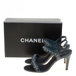 مملوكة مسبقًا Chanel Teal Blue Leather Chain Link Ankle Strap Sandals Size 38