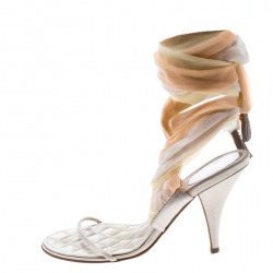 Chanel Multicolor Satin and Silk Crepe Tie Up Sandals Size 37