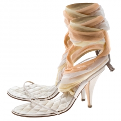 Chanel Multicolor Satin and Silk Crepe Tie Up Sandals Size 37