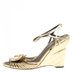 Pre Owned Chanel Gold Leather Camelia Wedge Sandals Size 38.5