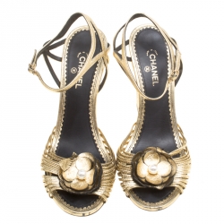 Pre Owned Chanel Gold Leather Camelia Wedge Sandals Size 38.5