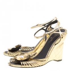 Pre Owned Chanel Gold Leather Camelia Wedge Sandals Size 38.5