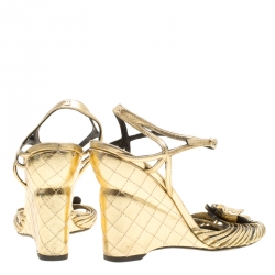 Pre Owned Chanel Gold Leather Camelia Wedge Sandals Size 38.5