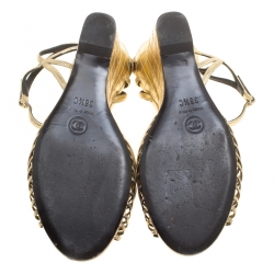 Pre Owned Chanel Gold Leather Camelia Wedge Sandals Size 38.5