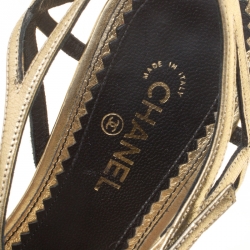 Pre Owned Chanel Gold Leather Camelia Wedge Sandals Size 38.5