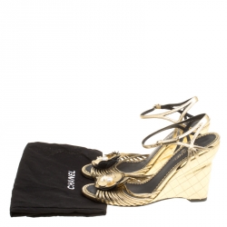 Pre Owned Chanel Gold Leather Camelia Wedge Sandals Size 38.5