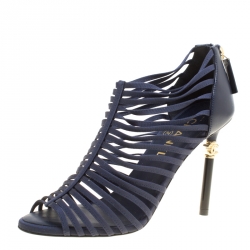 Chanel Navy Blue Fabric and Leather CC Heels Strappy Caged Booties Size 37