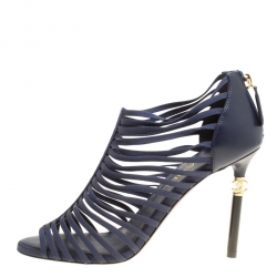 Chanel Navy Blue Fabric and Leather CC Heels Strappy Caged Booties Size 37