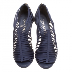Chanel Navy Blue Fabric and Leather CC Heels Strappy Caged Booties Size 37