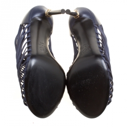 Chanel Navy Blue Fabric and Leather CC Heels Strappy Caged Booties Size 37