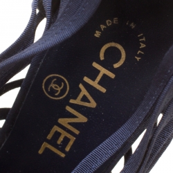 Chanel Navy Blue Fabric and Leather CC Heels Strappy Caged Booties Size 37