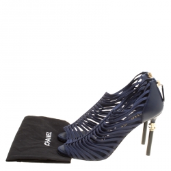 Chanel Navy Blue Fabric and Leather CC Heels Strappy Caged Booties Size 37