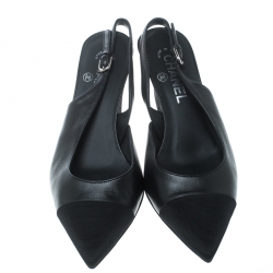 Pre Owned Chanel Black Leather and Fabric Cap Toe Slingback Sandals Size 38