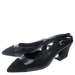 Pre Owned Chanel Black Leather and Fabric Cap Toe Slingback Sandals Size 38