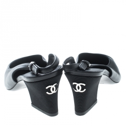 Pre Owned Chanel Black Leather and Fabric Cap Toe Slingback Sandals Size 38