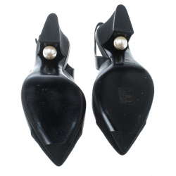 Pre Owned Chanel Black Leather and Fabric Cap Toe Slingback Sandals Size 38