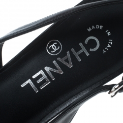 Pre Owned Chanel Black Leather and Fabric Cap Toe Slingback Sandals Size 38