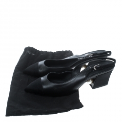 Pre Owned Chanel Black Leather and Fabric Cap Toe Slingback Sandals Size 38