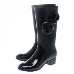 Chanel Black Rubber Camelia Rain Boots Size 35