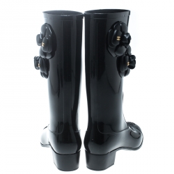 Chanel Black Rubber Camelia Rain Boots Size 35