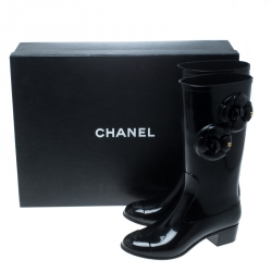 Chanel Black Rubber Camelia Rain Boots Size 35