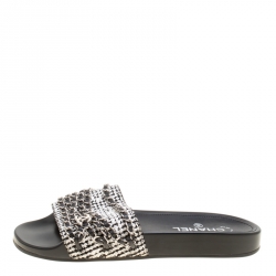Pre Owned Chanel Monochrome Fabric Tropiconic Chain Detail Slides Size 40