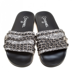 Pre Owned Chanel Monochrome Fabric Tropiconic Chain Detail Slides Size 40