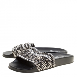 Pre Owned Chanel Monochrome Fabric Tropiconic Chain Detail Slides Size 40