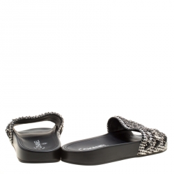 Pre Owned Chanel Monochrome Fabric Tropiconic Chain Detail Slides Size 40