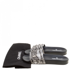 Pre Owned Chanel Monochrome Fabric Tropiconic Chain Detail Slides Size 40