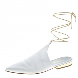 Chanel White Satin Pointed Toe Ankle Wrap Mules Size 39.5