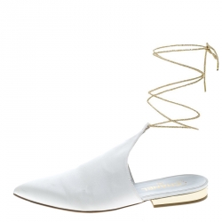Chanel White Satin Pointed Toe Ankle Wrap Mules Size 39.5