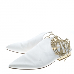 Chanel White Satin Pointed Toe Ankle Wrap Mules Size 39.5