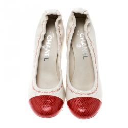 Pre Owned حذاء كعب عالي شانيل غطاء مقدمة CC جلد ثعبان وكانف اس أحمر/ بيج