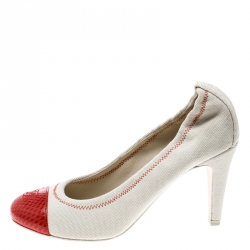 Pre Owned حذاء كعب عالي شانيل غطاء مقدمة CC جلد ثعبان وكانفاس أحمر/ بيج