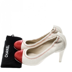 Pre Owned حذاء كعب عالي شانيل غطاء مقدمة CC جلد ثعبان وكانفاس أحمر/ بيج