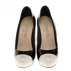 Pre Owned Chanel Black & White Patent CC Cap Toe Pumps Size 37