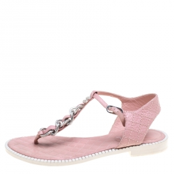 Chanel Powder Pink Leather Chain Detail CC Flat Thong Sandals Size 38.5