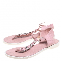 Chanel Powder Pink Leather Chain Detail CC Flat Thong Sandals Size 38.5