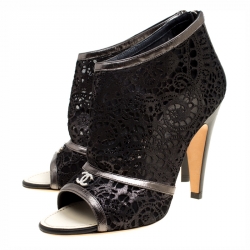 Chanel Black Shimmering Suede and Mesh Open Toe CC Ankle Boots Size 36.5