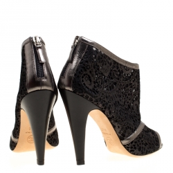 Chanel Black Shimmering Suede and Mesh Open Toe CC Ankle Boots Size 36.5