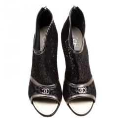 Chanel Black Shimmering Suede and Mesh Open Toe CC Ankle Boots Size 36.5