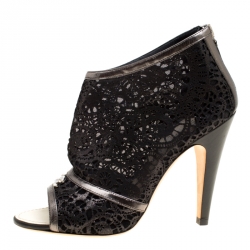 Chanel Black Shimmering Suede and Mesh Open Toe CC Ankle Boots Size 36.5