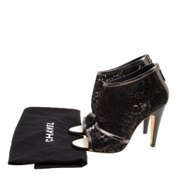 Chanel Black Shimmering Suede and Mesh Open Toe CC Ankle Boots Size 36.5