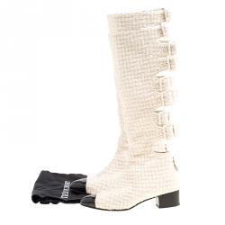 Chanel Off White Tweed Cutout Cap Toe Knee High Boots Size 37.5