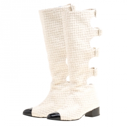 Chanel Off White Tweed Cutout Cap Toe Knee High Boots Size 37.5
